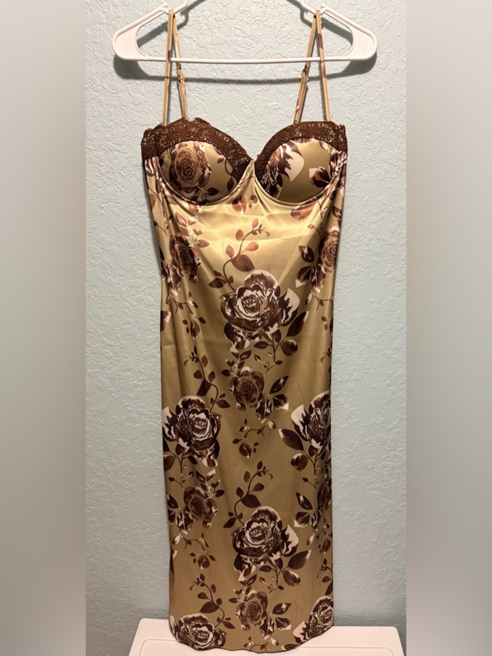 Fashion Nova Gold Satin Floral Midi Dress with Brown Lace